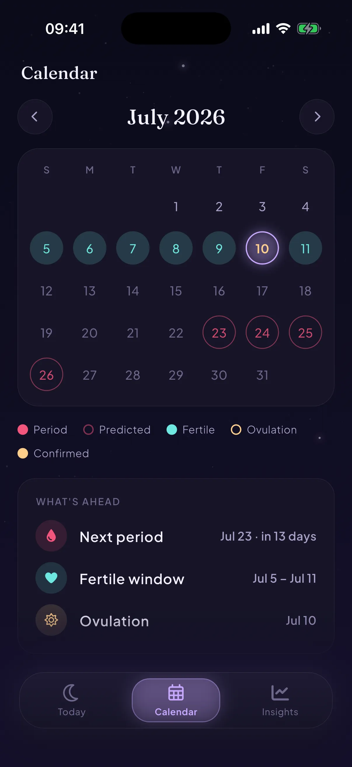 Athena's calendar for July 2026, colour-coded for period, predicted, fertile and ovulation days, with what's ahead listed below.